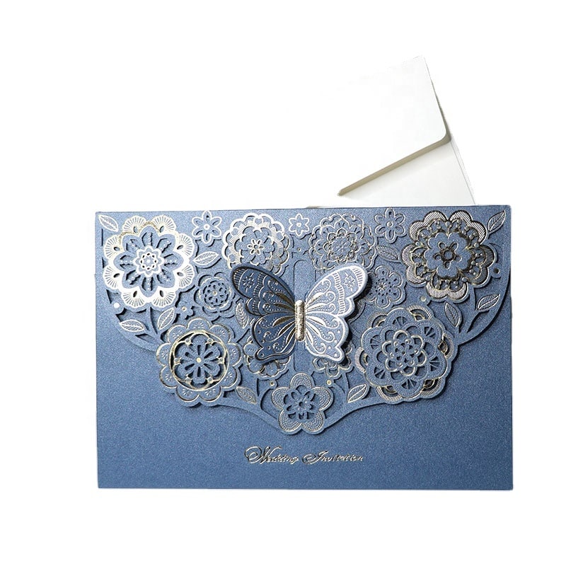 Custom 3D butterfly gold foil wedding invitation cards view 2