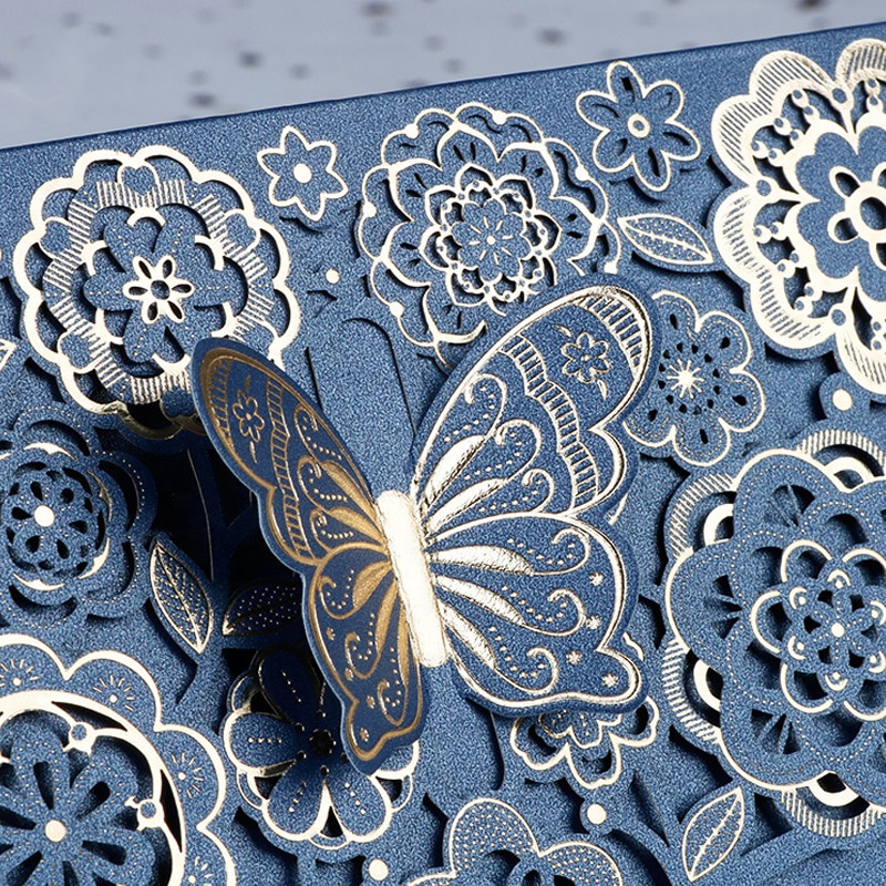 Custom 3D butterfly gold foil wedding invitation cards view 3