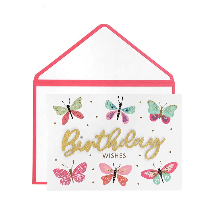 Custom Gold Foil Butterfly Happy Birthday Wishing Greeting Cards — custom card printing