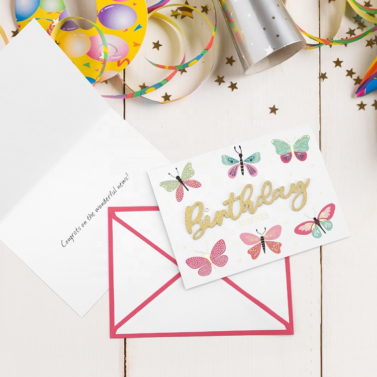 Custom Gold Foil Butterfly Happy Birthday Wishing Greeting Cards view 2