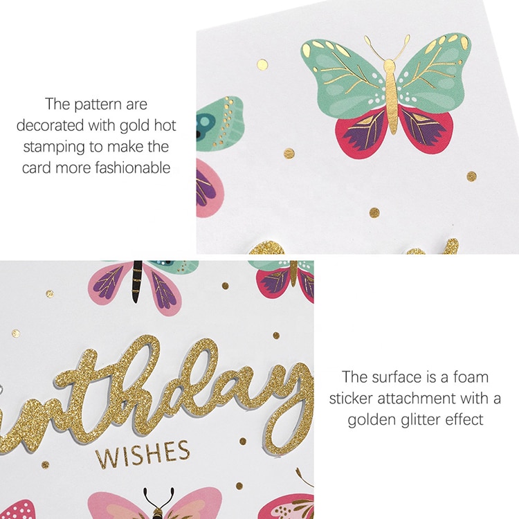 Custom Gold Foil Butterfly Happy Birthday Wishing Greeting Cards view 3