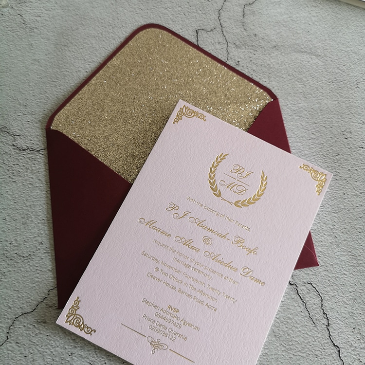 Custom rose gold foiling wedding invitation cards view 3