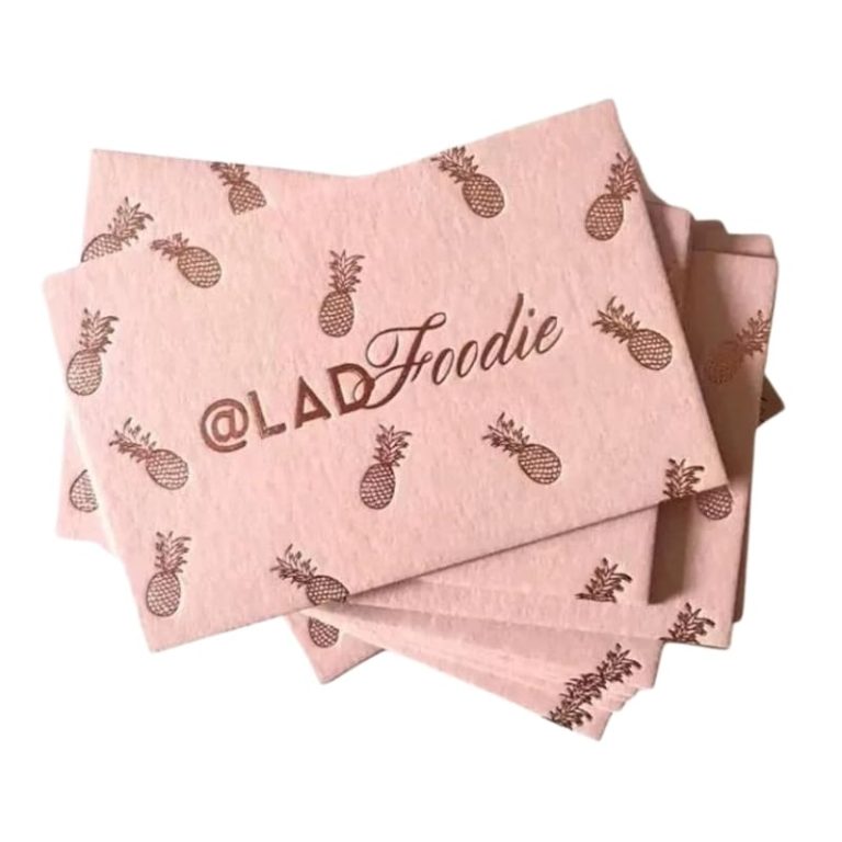 Pink Paper cardboard business cards with embossed logo — custom card printing