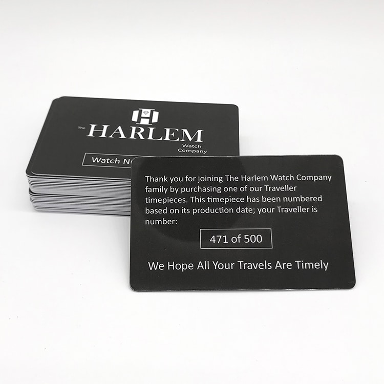Plastic warranty card with gold foil and hologram label view 4