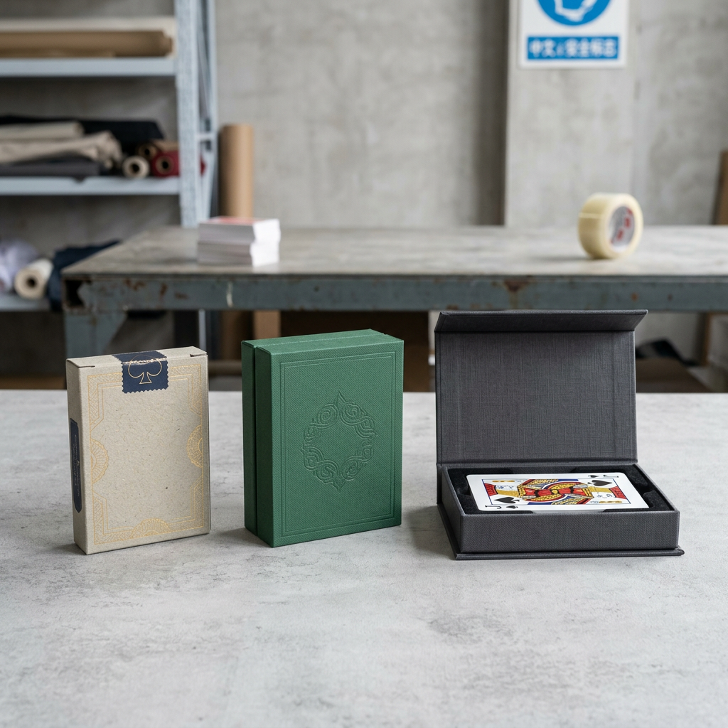 Custom card packaging formats including tuck box, rigid box, and magnetic case