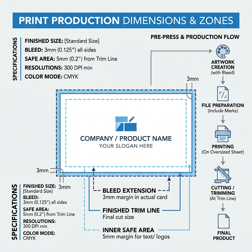 Diagram explaining bleed, trim line, and safe area for card artwork