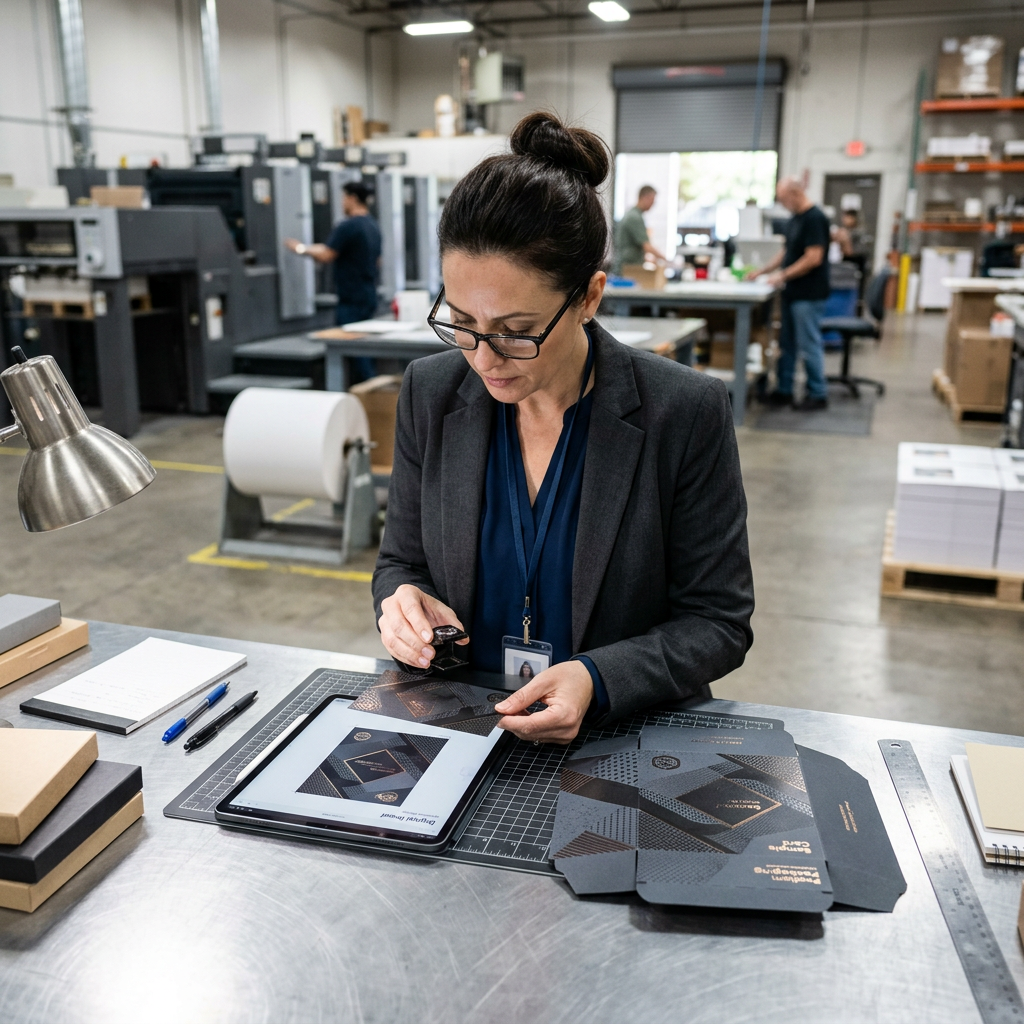 Buyer comparing a digital card proof with a physical printed sample