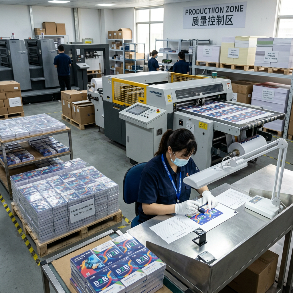 Custom card printing manufacturer inspecting printed cards in a production facility