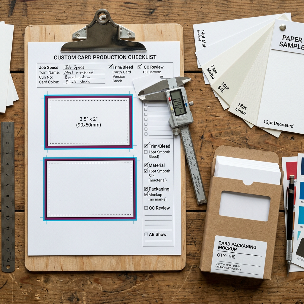 Custom card specifications including size, material, thickness, and packaging