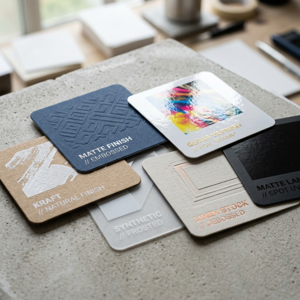 Custom printed card materials and surface finish samples