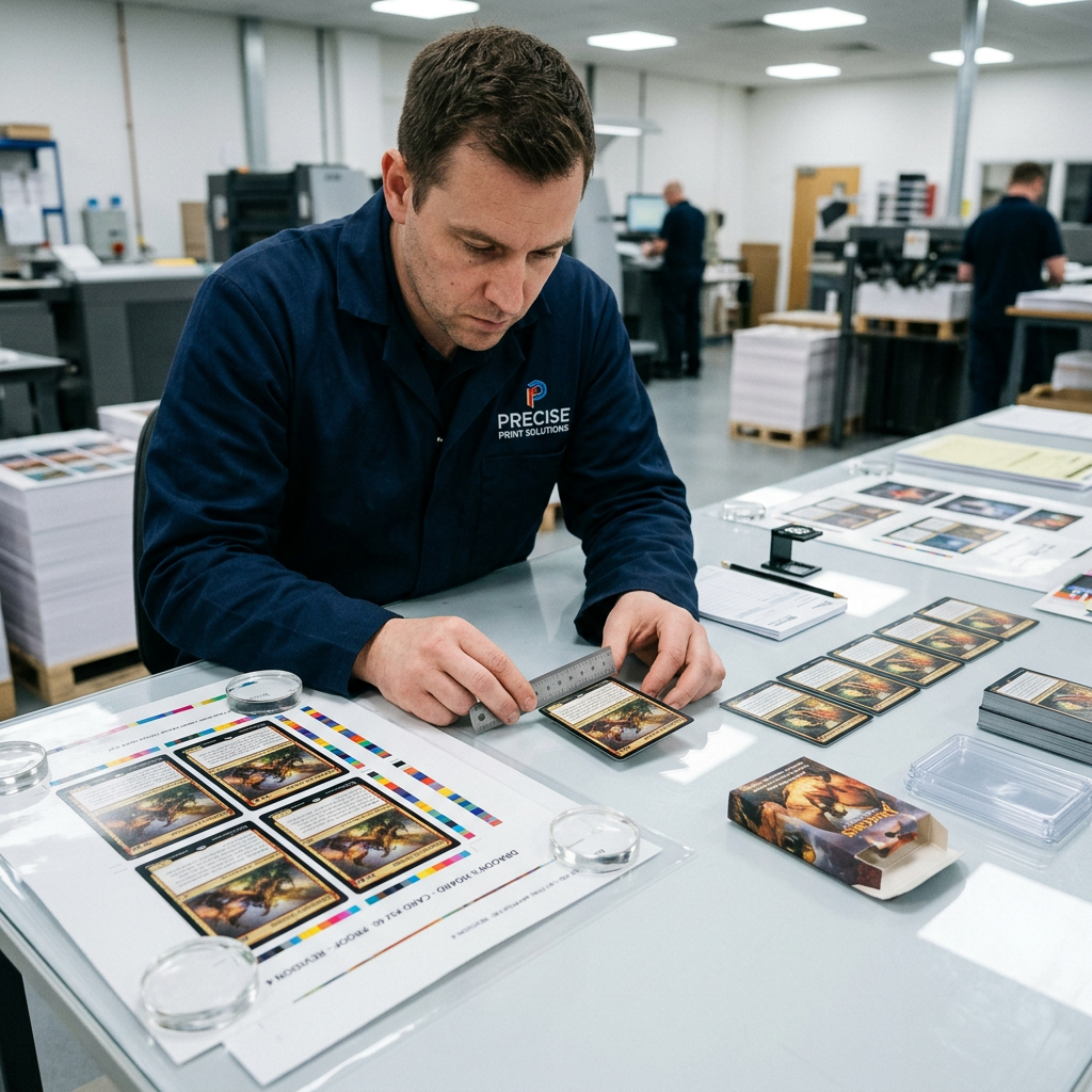 Technician reviewing a custom card sample before bulk production