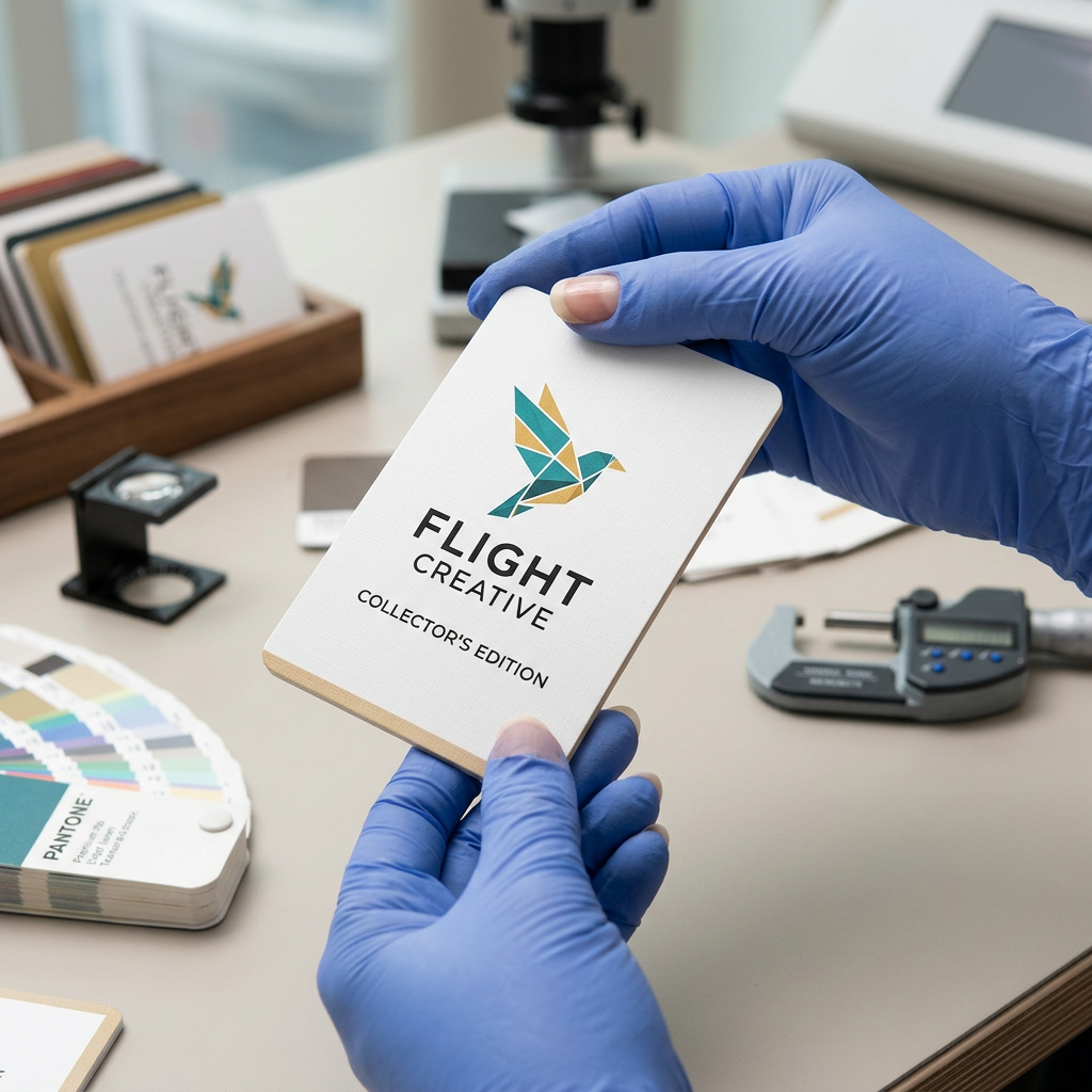 Physical custom card printing sample being inspected