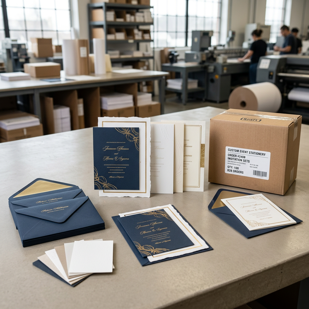 Custom invitation cards with paper samples, finishes, envelopes, and protective packaging
