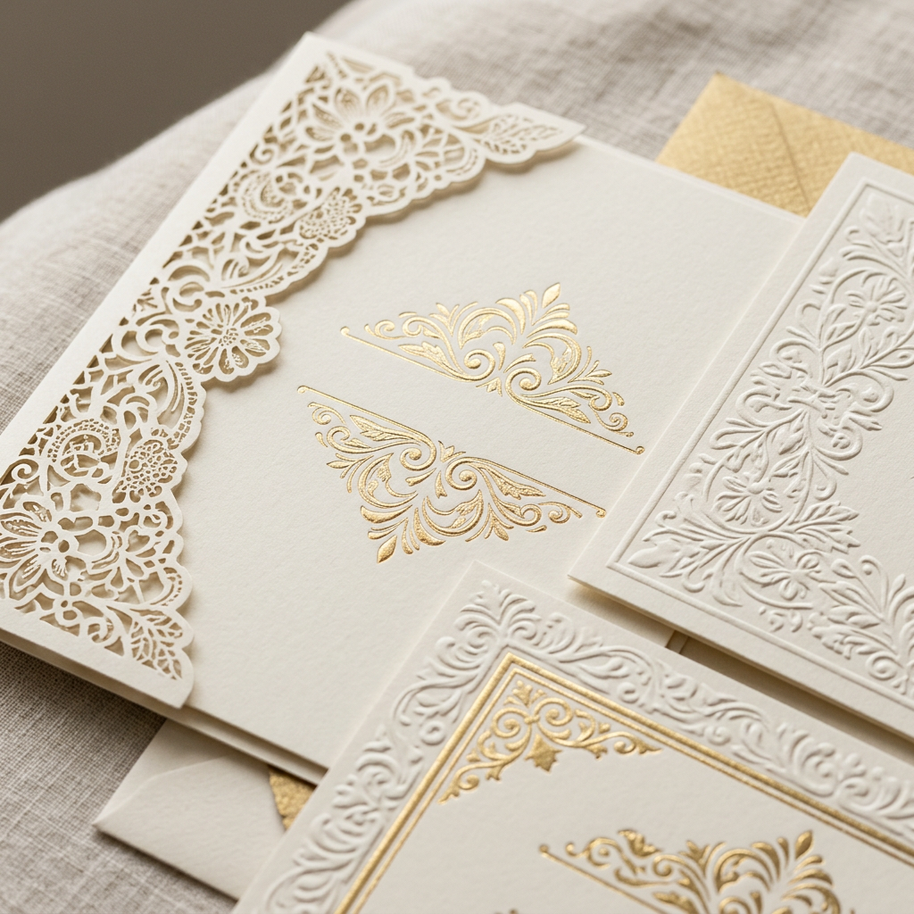 Invitation card finishes including foil stamping, embossing, and laser cutting