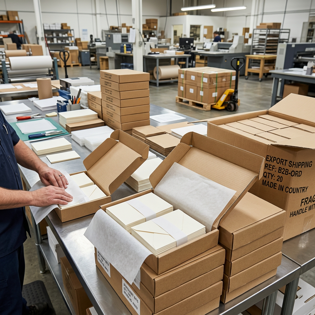 Mail-ready invitation card sets protected in export packaging