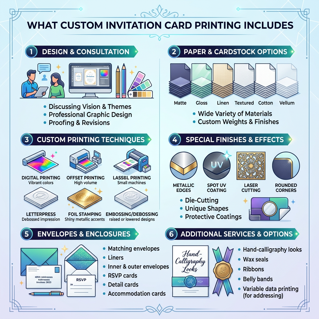 What custom invitation card printing includes