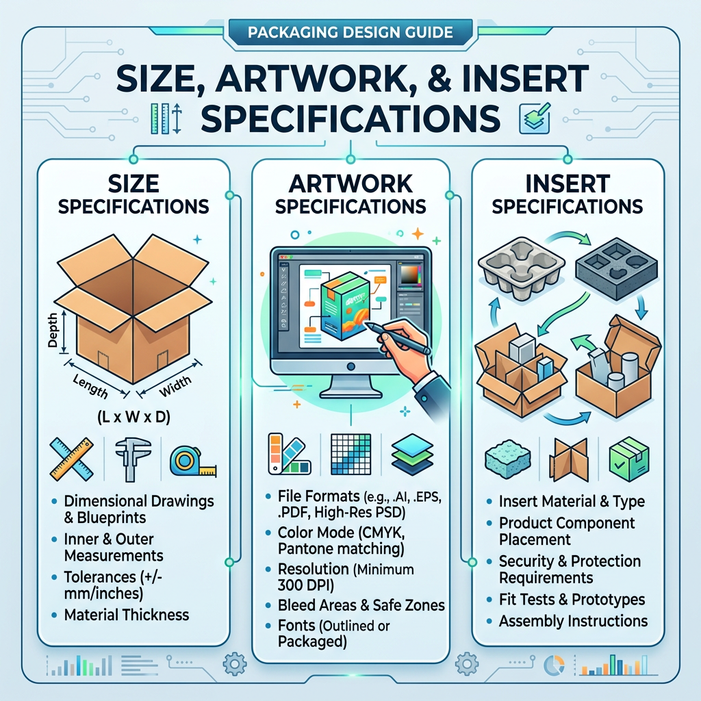 Size, artwork, and insert specifications