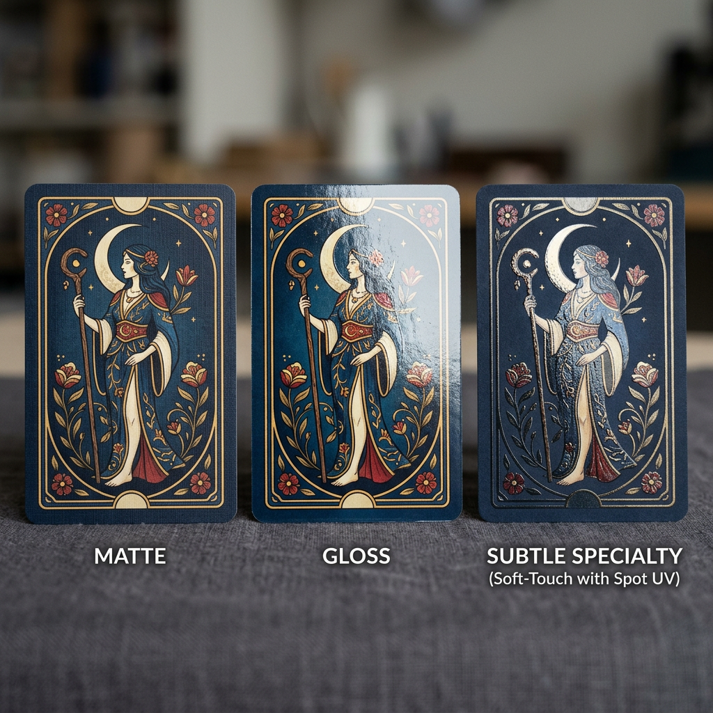 Matte and gloss finishes on custom tarot cards