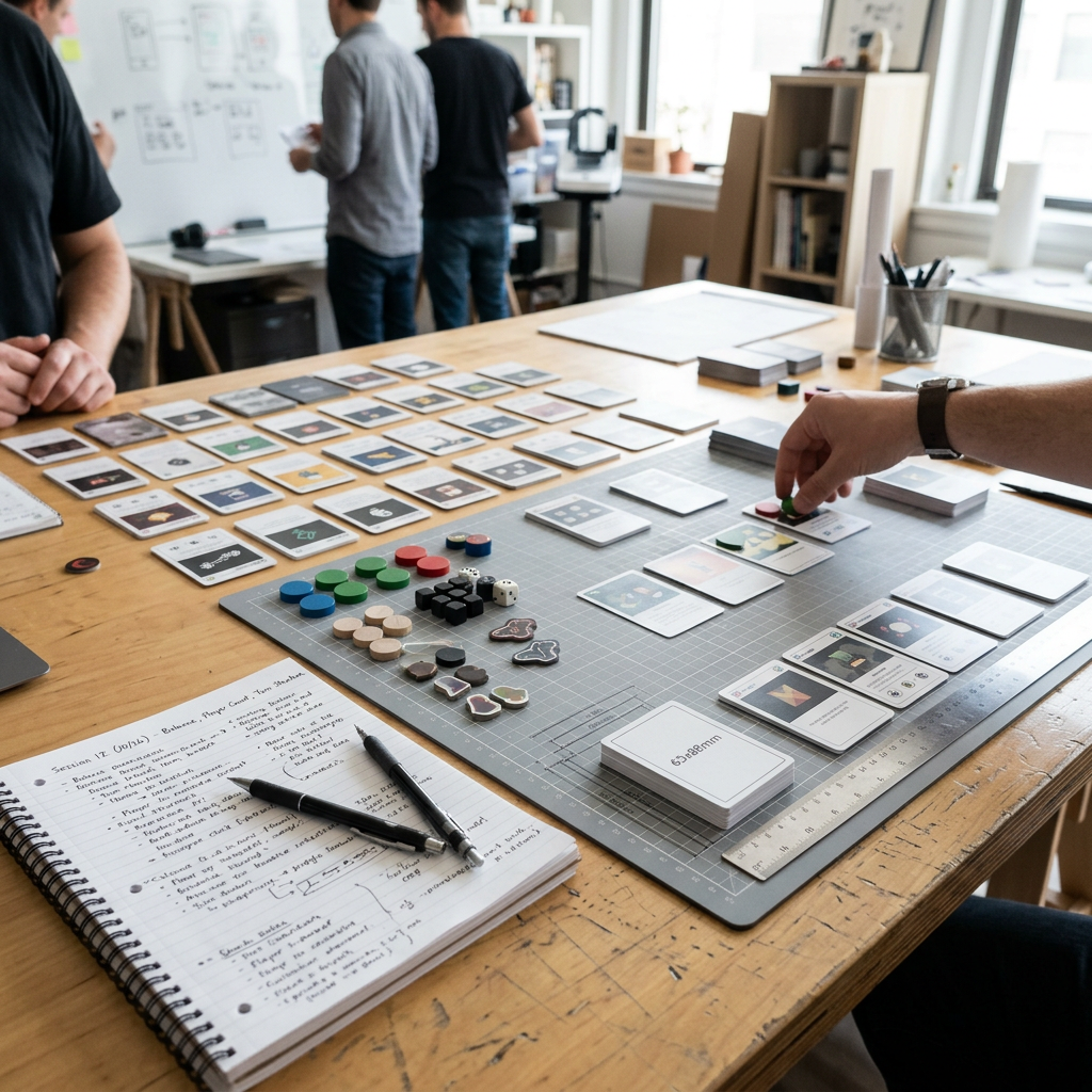 Card game prototype cards being reviewed and tested
