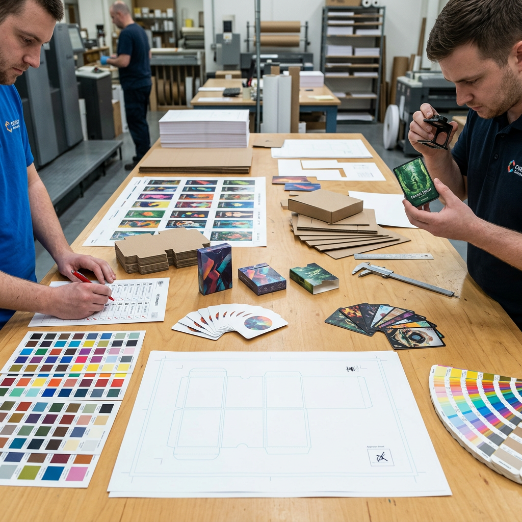 Prepress proof and physical sample review for a custom card game