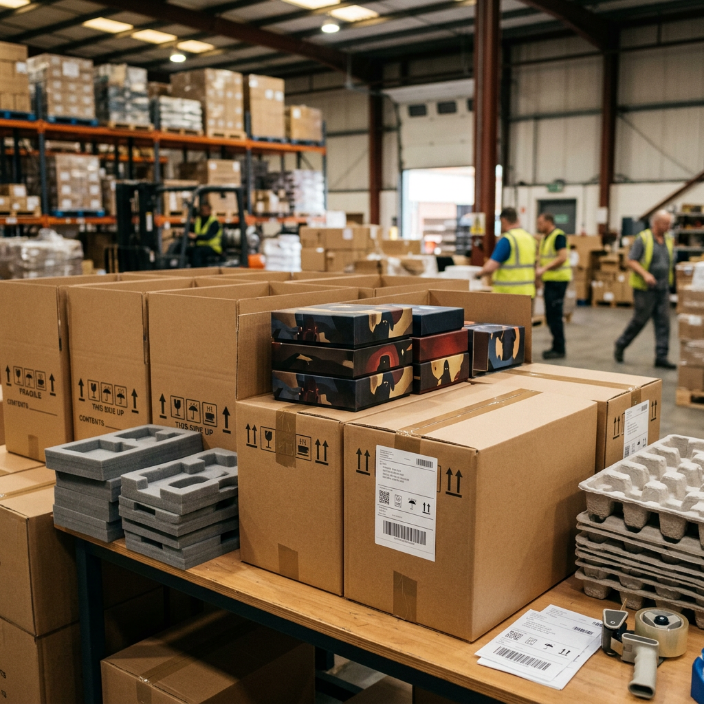 Export cartons prepared for a bulk card game shipment