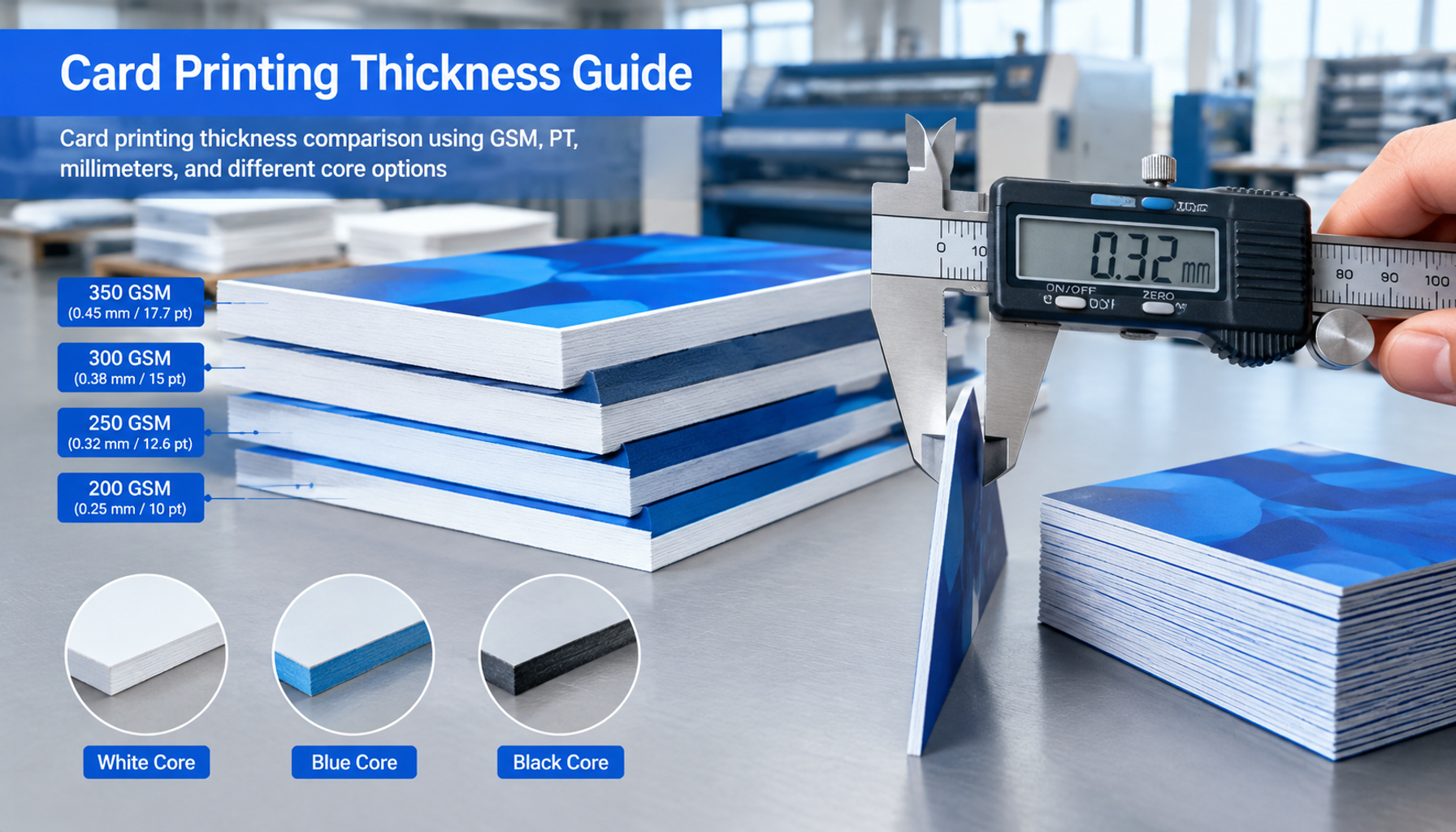 Card printing thickness comparison using GSM, PT, millimeters, and different core options