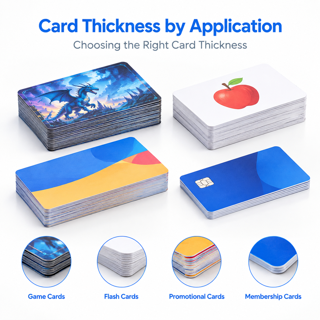 Different card printing thickness choices for game, educational, promotional, and membership cards