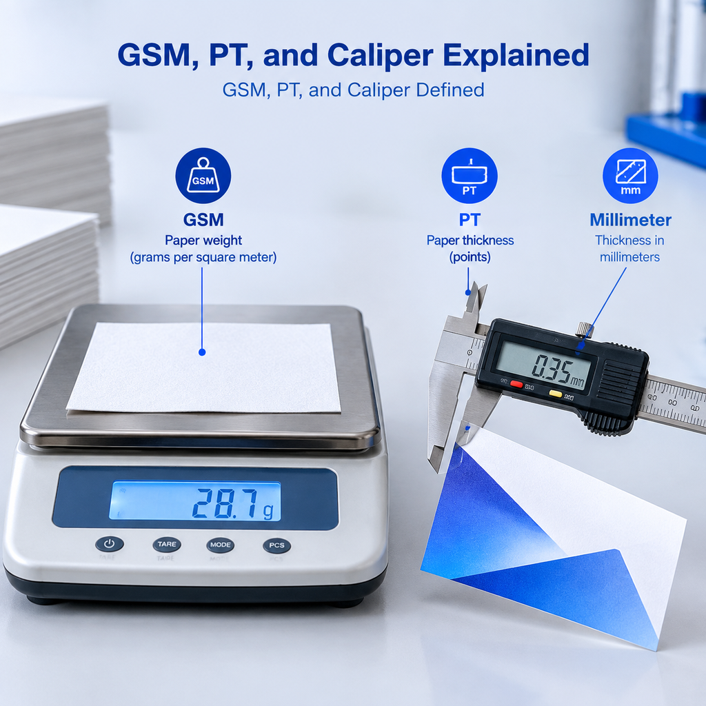 GSM paper weight compared with PT and millimeter card caliper