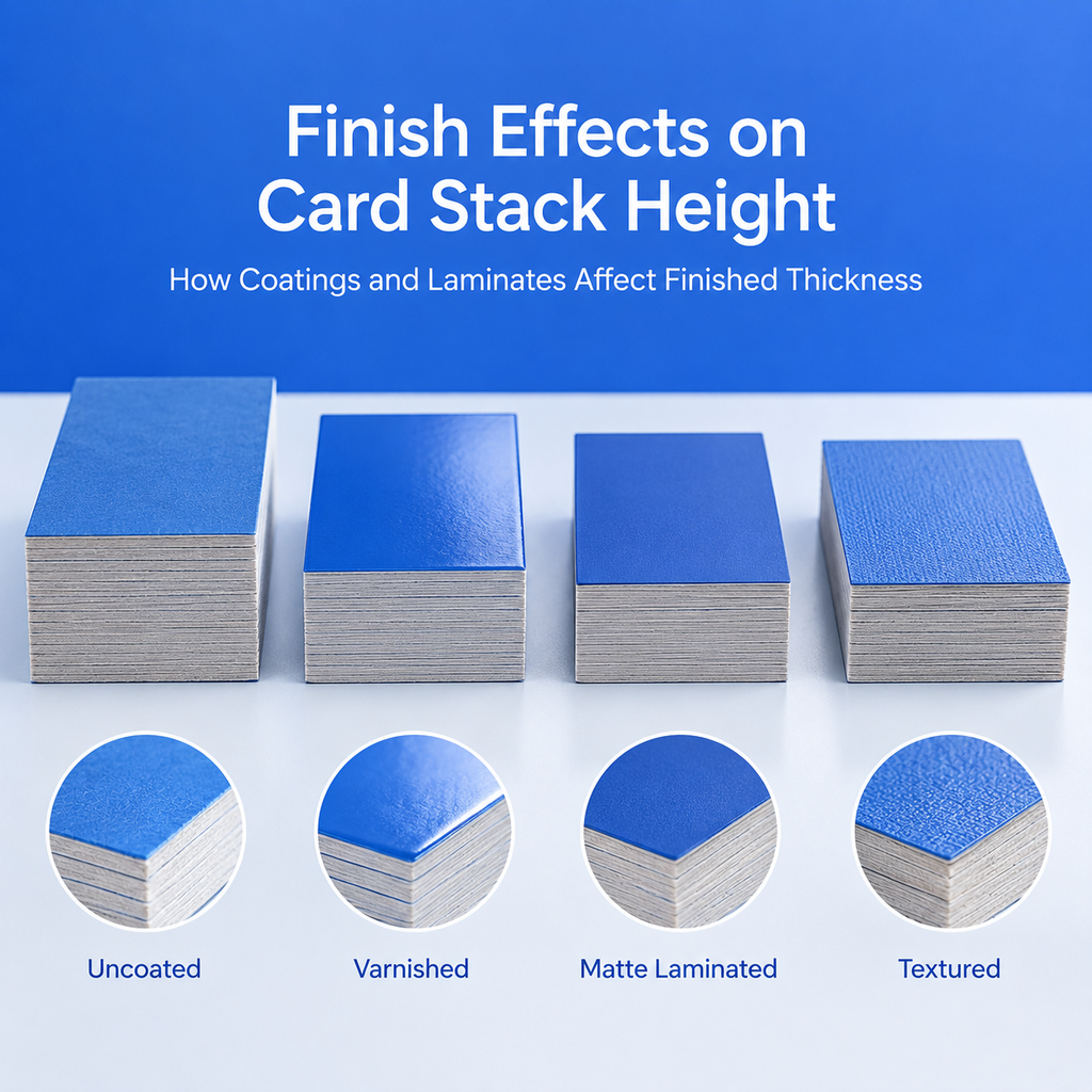 Finished card stacks showing how coatings and laminates affect thickness
