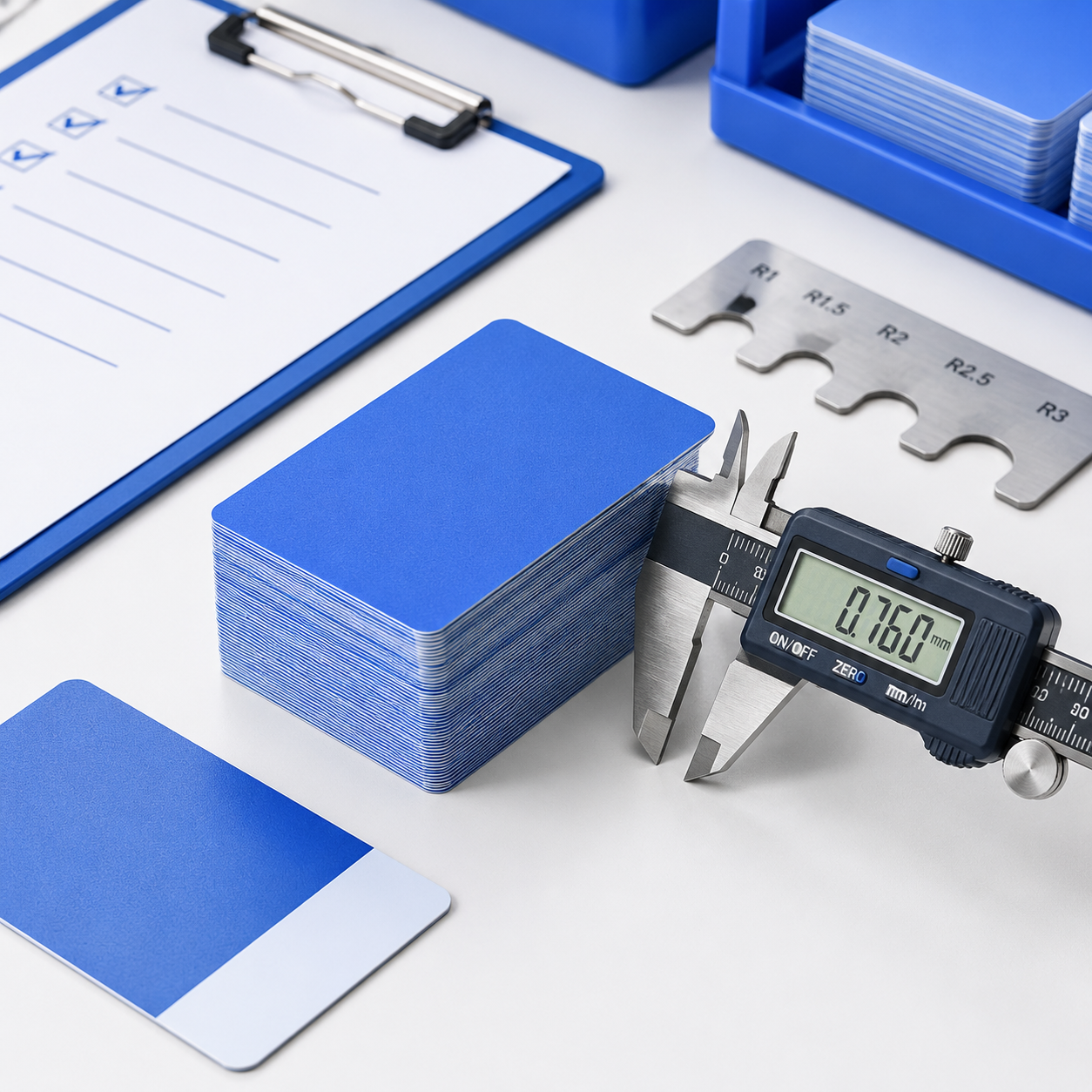 Quality inspection of finished card caliper and stack consistency