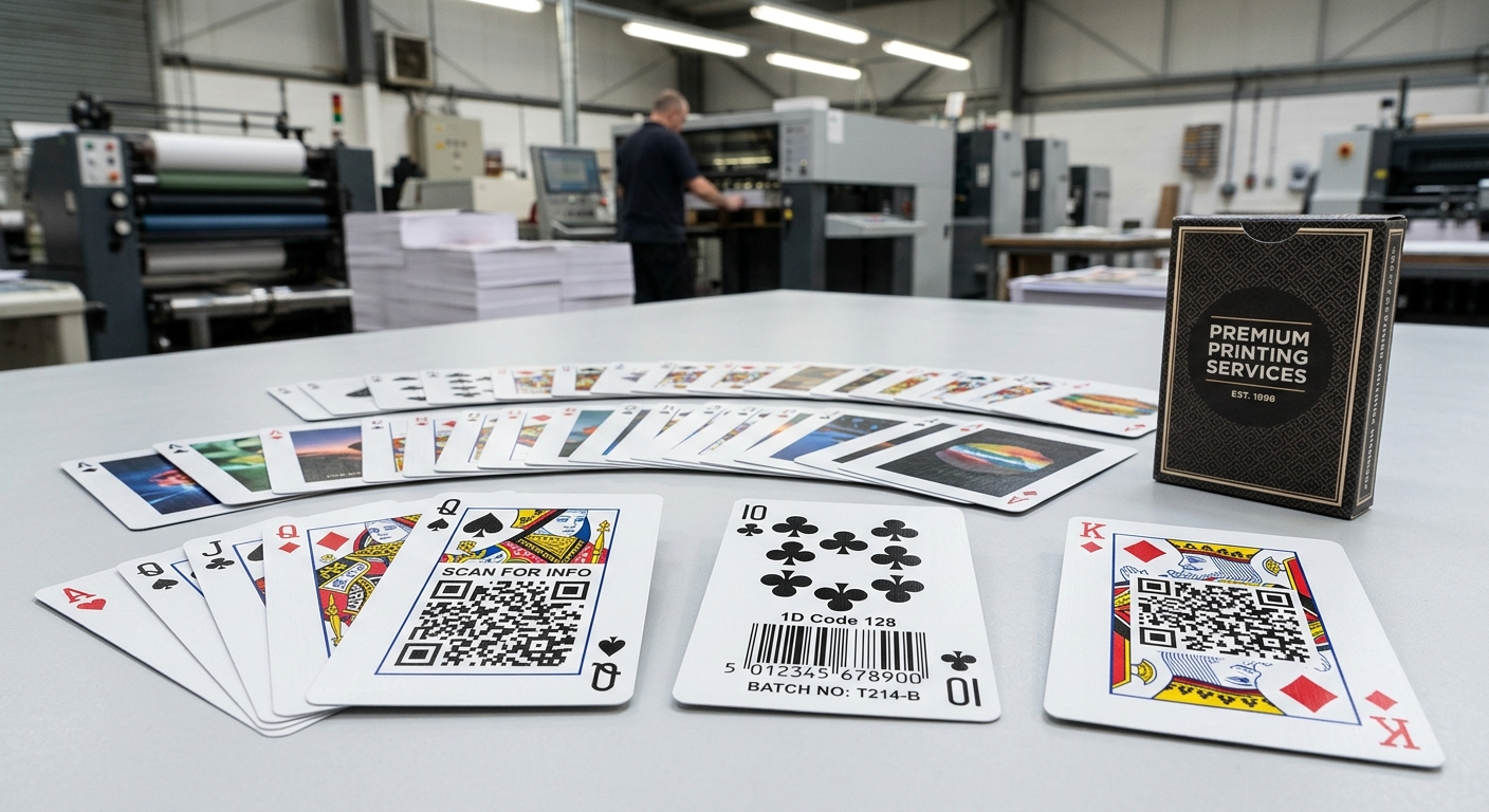 Custom cards with QR codes and barcodes arranged beside a printed tuck box