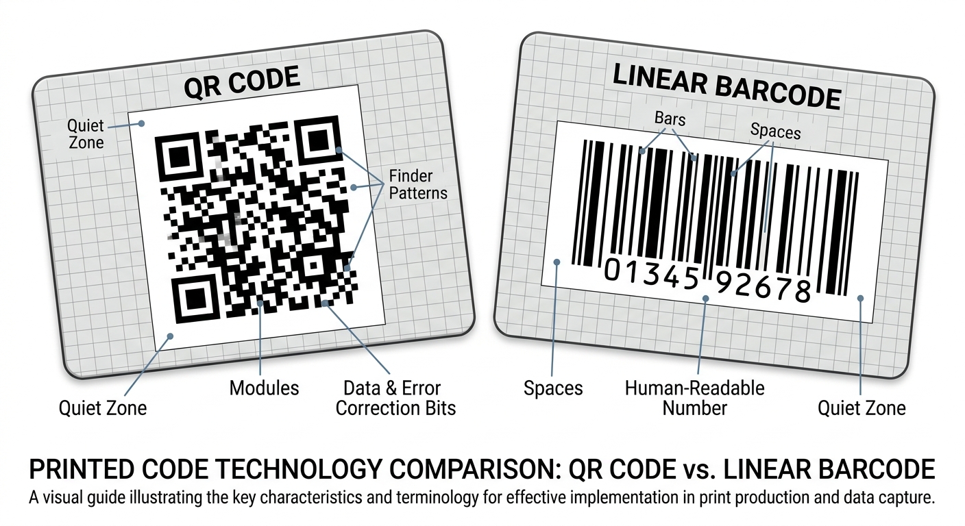 Technical comparison of QR code and barcode elements on printed cards