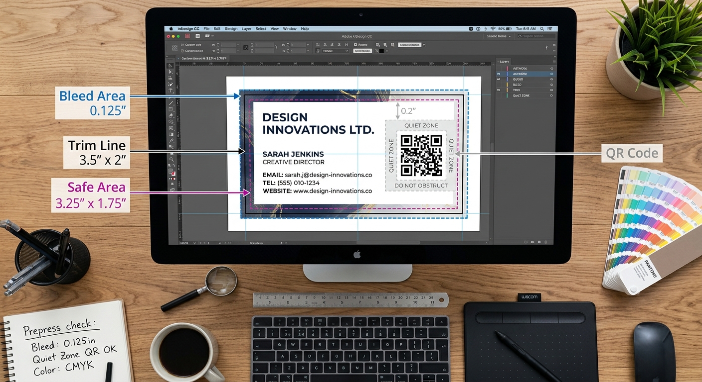 Custom card artwork layout with QR code safe area and bleed guides