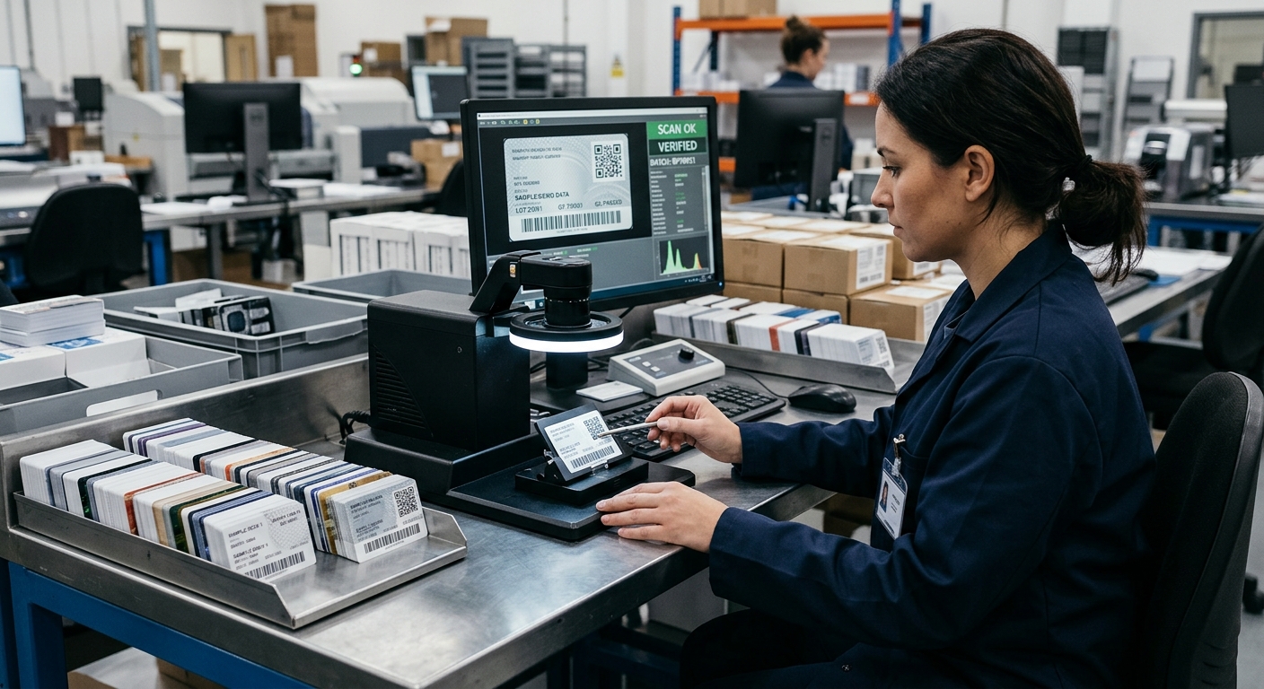 Quality control scan testing for QR code and barcode cards
