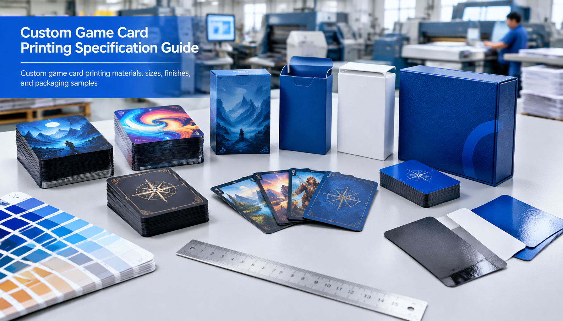Custom game card printing materials, sizes, finishes, and packaging samples