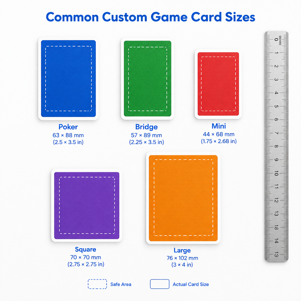 Custom card deck sizes including poker, bridge, mini, and square formats