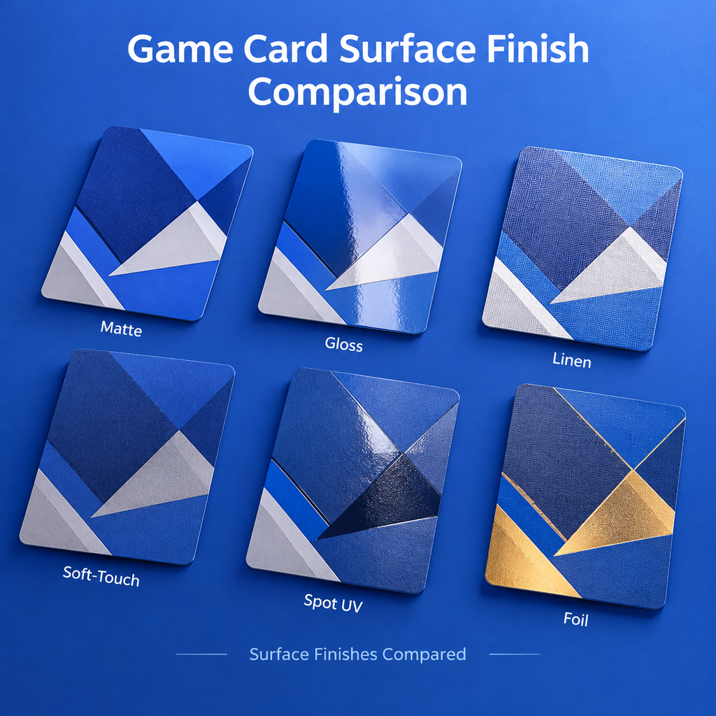Matte, gloss, linen, soft-touch, spot UV, and foil game card finishes