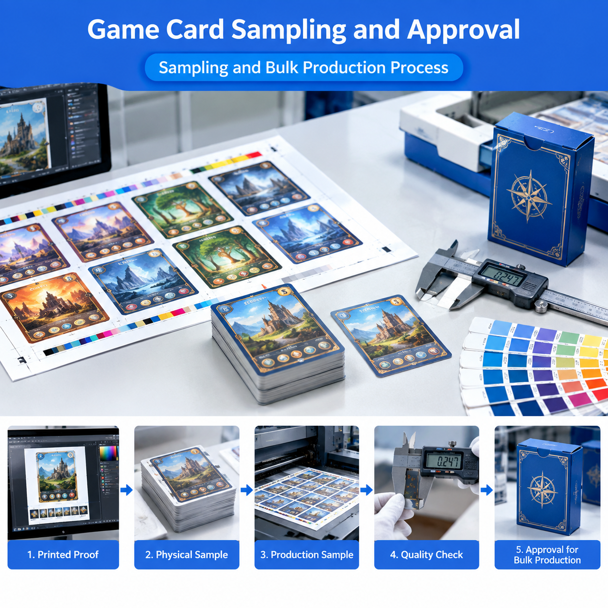 Printed game card proof, physical sample, and bulk production approval process