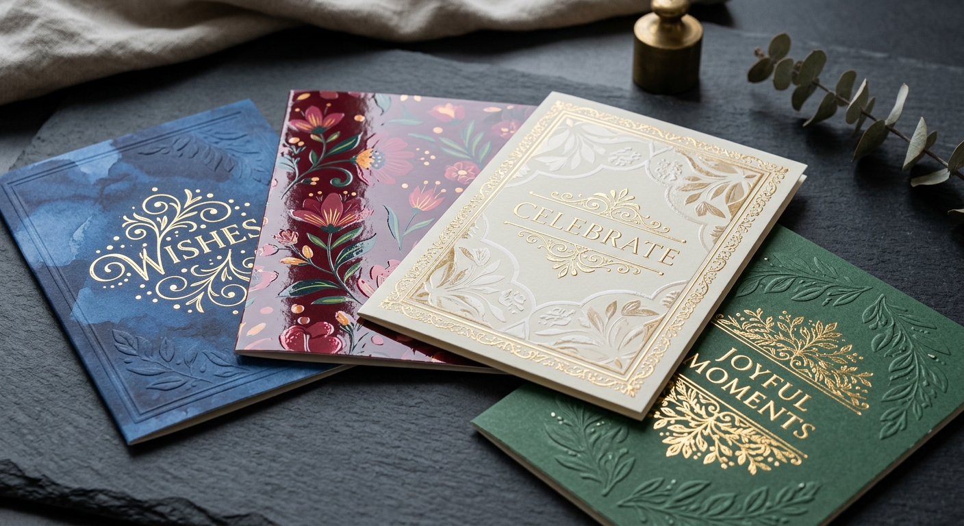Examples of greeting card printing finishes including foil, gloss, and embossing