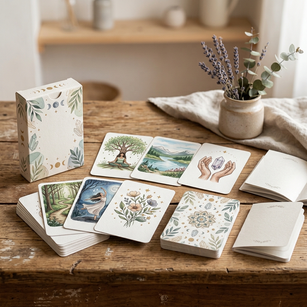Custom oracle cards arranged with a matching box and guidebook