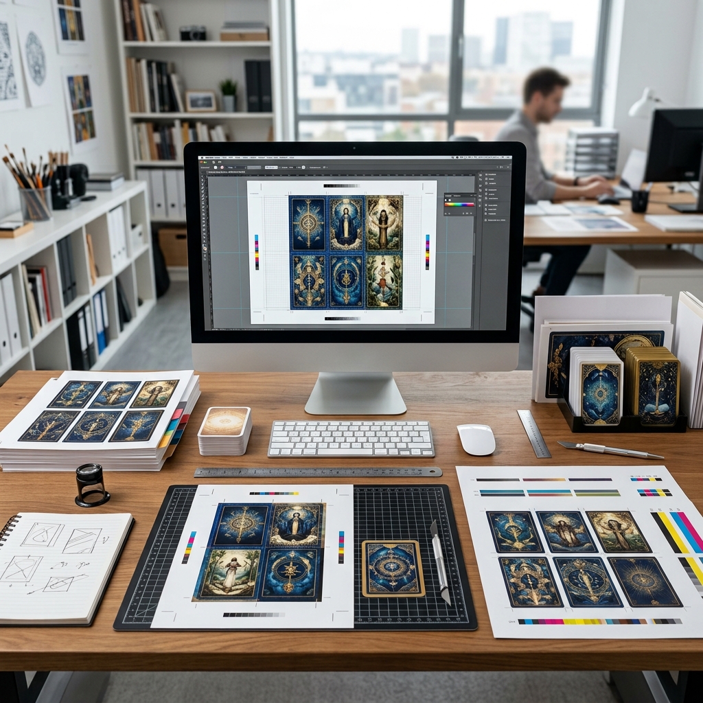 Prepress artwork and color proof preparation for oracle cards