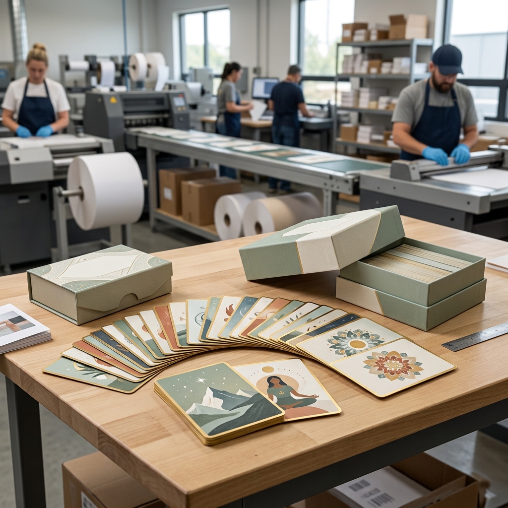 Custom oracle card deck samples and packaging for a wellness brand